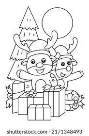 deer with gift coloring page or book for kids vector