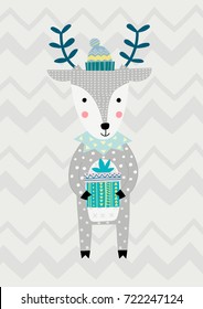 Deer with gift in Scandinavian style. Vector illustration. Funny, cute poster.