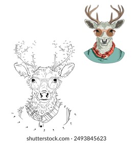 Deer. Deer in glasses. An educational game for children. The game "Dot to dot" for children. Numbers game, dot-to-dot educational game and coloring book for kids. Education of children. Cartoon 