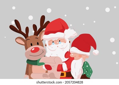 deer, gnom and santa under the tree are reading the list. vector illustration