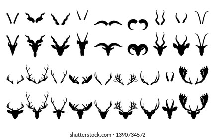 Deer Goat Caribou Horned Head And Horns Taxidermy Silhouette Set