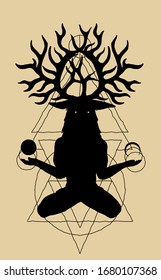 Deer god - person with a deer head and horns sitting in the lotus pose.