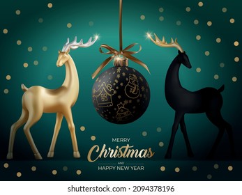 Deer, gold and black on a Christmas card, a black Christmas ball with a pattern and branches of a Christmas tree, a black deer, a gold deer on a green-turquoise New Year card, fabulous card with deer