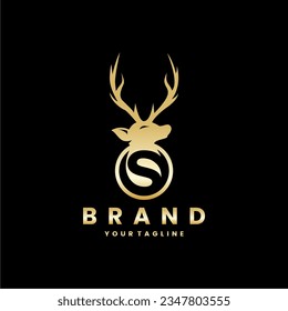 Deer gold logo vector, letter S, elegant, vintage on black background