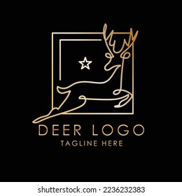 Deer golden color logo vector illustration on dark background with dummy text. Royal and luxury looking deer logo.