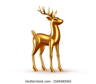 Deer Golden volumetric 3D design. Gold metal reindeer. vector illustration