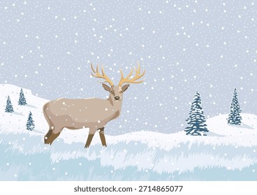Veado pastando em uma floresta sob a neve