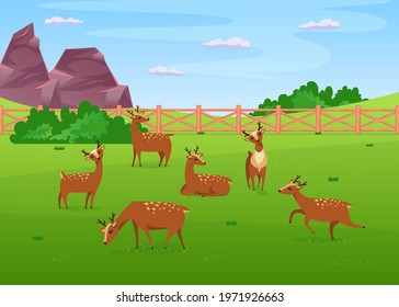 Deer grazing in meadow flat vector illustration. Little cute deer eating grass, lying, running and relaxing in nature landscape. Nature, wild animal, zoo concept for banner design or landing page