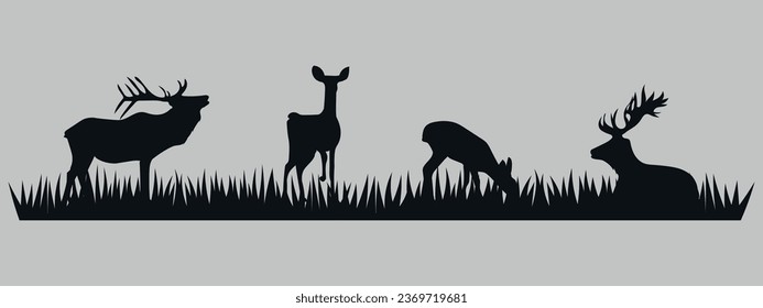 Deer grazing on the grass. Black silhouette. Vector on gray background.
