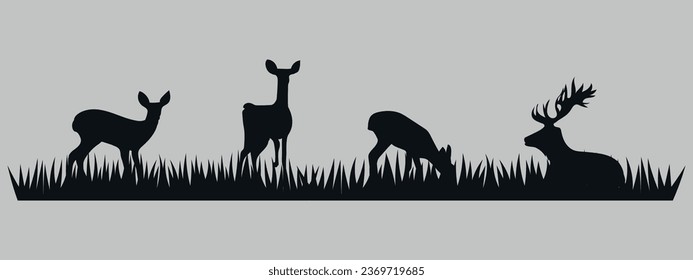 Deer grazing on the grass. Black silhouette. Vector on gray background.