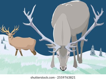 Deer grazing in a snowy clearing at the end of winter