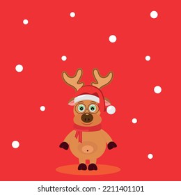 A deer with green eyes in a red hat, snow is falling.