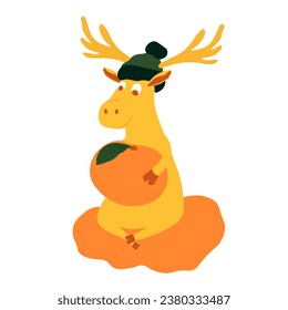 deer in a green knitted hat holds a tangerine in his hand. Winter postcard. Vector stock illustration. isolated on a white background.