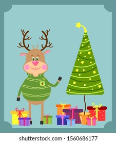 Deer in green sweater and Christmas tree with gifts boxes. Merry Christmas holiday festive Illustration  for greeting card, poster, print.