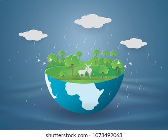 Deer and green trees on the earth in the rain background,Illustration of the concept of saving water,paper craft style