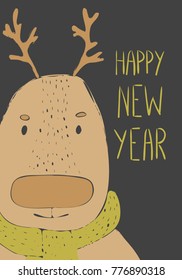 Deer. greeting card - Happy New Year 2017.  Vector cartoon styled illustration. 