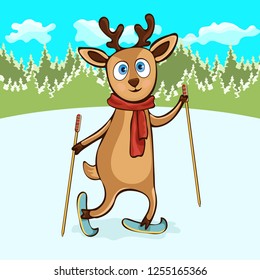 Deer hand drawing, cartoon character, vector illustration, caricature, card. Colorful painted cute funny fawn in a scarf with ski poles ride skiing on snowy field in winter on the background forest