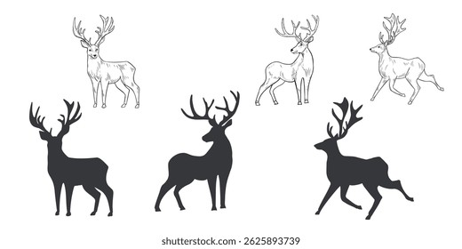 Deer hand drawn black white outline vector set illustration. Woodland animals reindeer with antlers monochrome sketch for winter and Christmas designs. Wild doe stag silhouette for seasonal cards.
