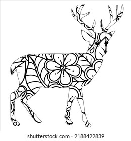 Deer. Hand drawn Christmas magic horned deer for adult anti stress Coloring Page with high details isolated on white background, illustration in zentangle style. Vector deer. Sketch. 