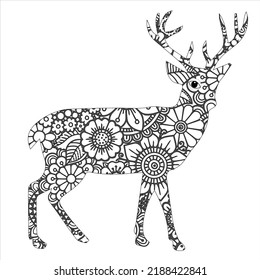 Deer. Hand drawn Christmas magic horned deer for adult anti stress Coloring Page with high details isolated on white background, illustration in zentangle style. Vector deer. Sketch. 