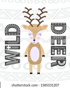 Deer hand drawn illustration. Wild animal with antlers drawing in scandinavian style. Cute cartoon reindeer character poster.