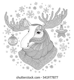 Deer. Hand-drawn  doodle pattern. Coloring page - zendala, for relaxation and meditation for adults, vector illustration, isolated on a white background. Zen doodle.