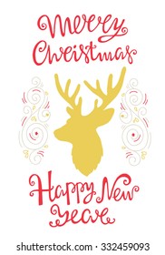Deer and handdrawn lettering for greeting cards. Vector Christmas card.