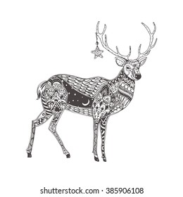 Deer. Hand-drawn reindeer with ethnic doodle pattern. Coloring page - zendala, for  relaxation and meditation for adults, vector illustration, isolated on a white background. Zen doodle.