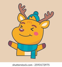 deer happy face cartoon character with outline flat vector design