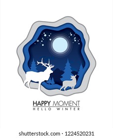 Deer happy time in winter season paper art concept vector art and illustration.