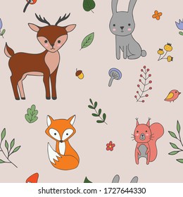 deer hare fox squirrel mushroom forest branch leaves pattern