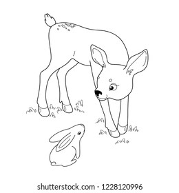 Deer and hare, vector illustration. Coloring book for kids.