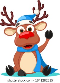 Deer in a hat and scarf sits and waves, character. Happy New Year and Merry Christmas