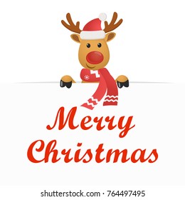 Deer in the hat t scarf peeking out from behind a white sheet with a greeting. Christmas card.