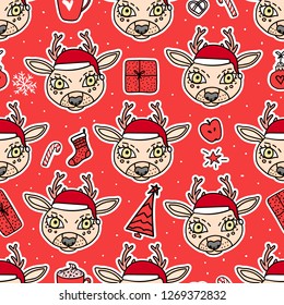Deer in hat. Vector Merry Christmas seamless pattern. Holidays hand drawn sticker design on red background.