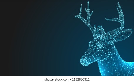 Deer head 3d vector illustration animal. Abstract wireframe polygon triangle geometric background. Low poly blue line mesh futuristic shape. Space dot creative concept sketch. Silhouette portrait.