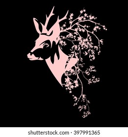 deer head among blooming branches - spring season vector design