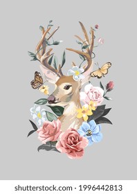 deer head antlers with colorful flower and butterflies vector  illustration