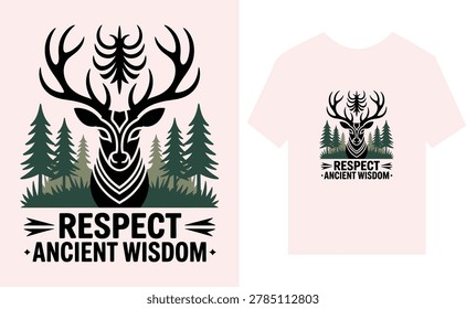 Deer Head with Antlers and Forest Scene Respect Ancient Wisdom T-shirt