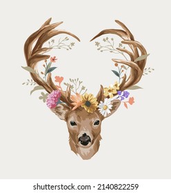 deer head antlers heart shape decorated with flowers vector illustration on