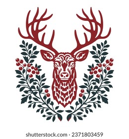 Deer head with antlers and holly berries. Vector illustration.