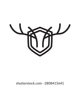 Deer head with antlers on a shield line icon. Concept of hunting trophy, wildlife taxidermy, and outdoor sport.