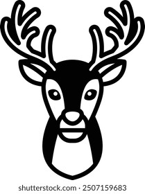 A deer head with antlers is shown in black and white. The deer is looking at the camera with a smile