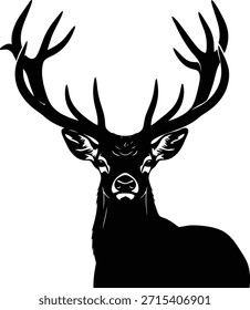 Cabeza de ciervo con cornamentas Ilustración vectorial de silueta para insignias de temporada de caza y temas de naturaleza salvaje.