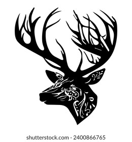 Deer head with antlers. Tattoo design. Vector illustration. 