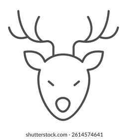 Deer head with antlers thin line icon, happy christmas concept. Vector graphics. Forest deer animal face sign on white background, linear style icon for mobile or web design