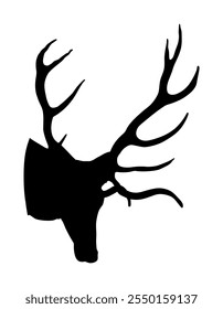 Deer head antlers vector silhouette illustration isolated on white background. Reindeer proud Noble Deer male trophy. Powerful buck symbol deer shape. Hunter hunting wild animal, symbol of male power.