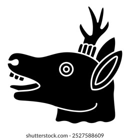 Deer head from Aztec codex. Mexican animal design. Black and white silhouette.