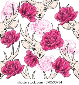 Deer head and  beautiful pink roses . Vector seamless pattern