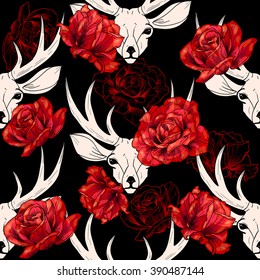 Deer head and  beautiful  roses on black background. Vector seamless pattern